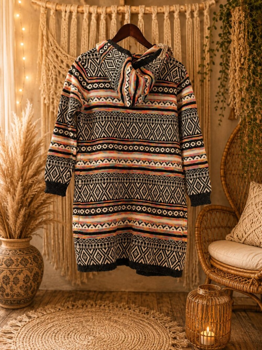 Boho Aztec Cardigan Sweater • Geometric Print • Longline Open Front • Multicolor - Picture 2 of 6